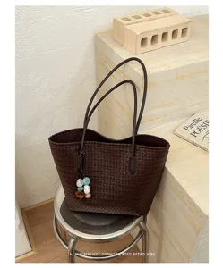 Borsa shopper intrecciata in pelle marrone scuro da donna, grande borsa a spalla retrò.