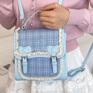 Japanese Sweet Plaid PU Leather Backpack Ribbon Bowknot Lace Trim College Style Rucksack Multi Functional Tote Shoulder Crossbody Bag For Kids Women