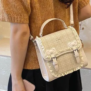 Cute plaid shoulder bag with sweet lace trim and bows for women daily fashion styles.