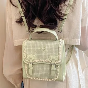 Green plaid backpack for women cute bow multi-use shoulder bag casual daily satchel