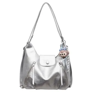 Zaino borsa a spalla multifunzionale da donna metallizzato argento con orsetto
