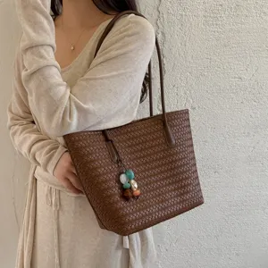 Borsa Tote Intrecciata Vintage Donna Grande Capacita Pelle Marrone Borsa Spalla Elegante