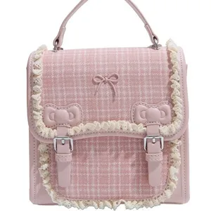 Pink plaid Lolita backpack sweet style shoulder bag with lace trim and cute bows for daily wear