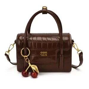 Women brown crocodile pattern handbag stylish crossbody shoulder bag with cherry charm