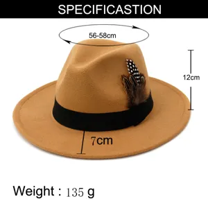 Classic wool fedora hat with wide brim, black ribbon and feather for women men 56-58cm