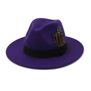 Purple felt fedora hat with black band and feather detail, stylish wide brim jazz hat.