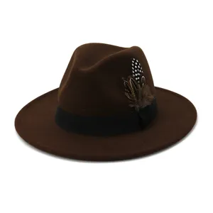 Classic brown wool fedora hat with black ribbon band and decorative feather for men and women.