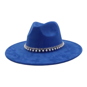 Blue suede fedora hat with rhinestone pearl band wide brim jazz cap for women and men fall