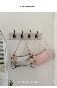 Stylish women shoulder bag set with cute bear pendant, trendy underarm PU leather bags.