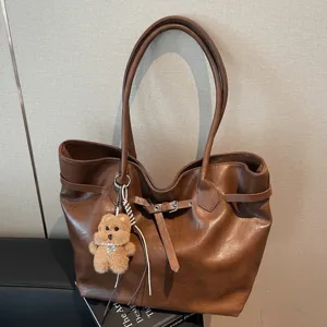 Women large capacity brown leather shoulder tote bag retro casual daily commuting handbag