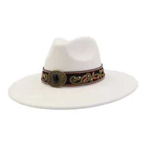 Sombrero Fedora de Fieltro de Lana Hombre Mujer Banda Bordada Étnica Hebilla Vintage Ala Plana