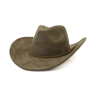 Suede fedora hat detail, vintage cowboy style with braided band, elegant wide brim accessory.