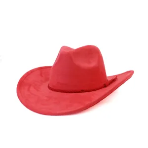 Red suede cowboy hat detail, wide brim western style gentleman hat with braided band.