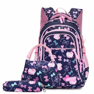 Zaino scuolaset impermeabile rosa fiocco design borse scolastiche leggere per ragazze 3pz