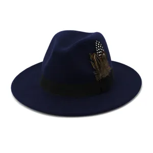 Classic navy blue wool fedora hat with elegant feather and black band for stylish daily wear.