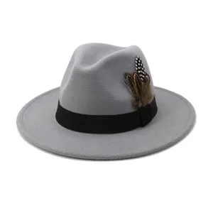 Close-up of grey fedora hat with black band and feather detail, showcasing exquisite felt texture.
