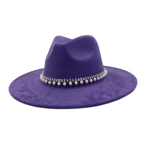 Purple faux suede jazz hat featuring an elegant rhinestone and pearl fringe band, wide flat brim.