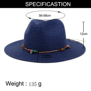 Blauwe strooien fedora zonnehoed voor strand en buitenreizen met stijlvolle kralenband.