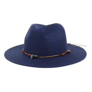 Donkerblauwe strooien fedora hoed voor dames en heren, strand zonnehoed met schelp kraal koord.