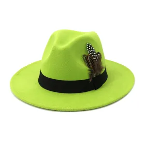 Neon green wool fedora hat with black band and feather detail, stylish wide brim jazz hat for couple.