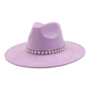 Purple suede jazz hat fedora with rhinestone pearl band, stylish autumn winter headwear.