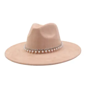 Wide brim suede fedora hat with rhinestone pearl chain band for autumn winter fashion style.