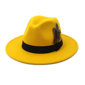 Yellow woolen fedora hat with black band and feather, wide flat brim jazz cap for couple.