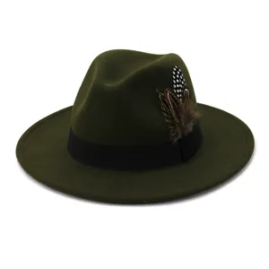 Detail view of dark green wool felt fedora hat featuring black band and decorative feather.