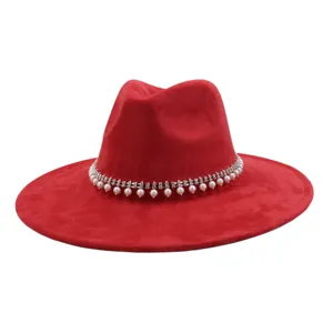 Red suede wide brim fedora hat with elegant pearl rhinestone band for autumn winter.