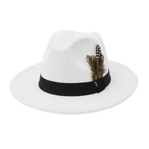 Close-up view of a white felt fedora hat with black ribbon band and decorative feather detail.