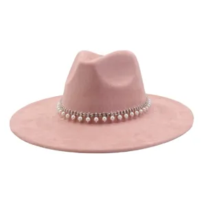 Pink faux suede jazz hat with rhinestone pearl band wide brim fedora hat for women autumn winter