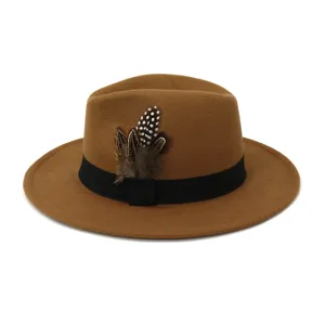 Close-up detail of the brown woolen fedora hat featuring a black band and stylish feather decor.