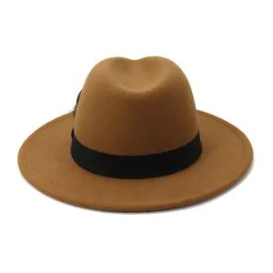 Classic wool fedora hat with black band and feather accent, stylish wide brim fashion cap.