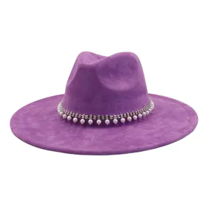 Purple wide-brim suede fedora hat detail, elegant pearl rhinestone band decoration.
