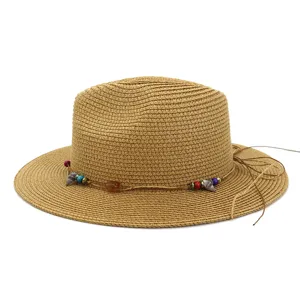 Unisex strohoed zonnehoed strandhoed met parelschelpdecoratie voor bescherming tegen de zon.