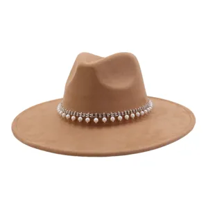 Camel suede fedora hat featuring a delicate pearl and rhinestone trim band for autumn and winter.