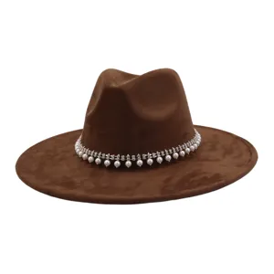 Brown suede fedora hat for men and women, wide flat brim jazz cap with pearl rhinestone band.