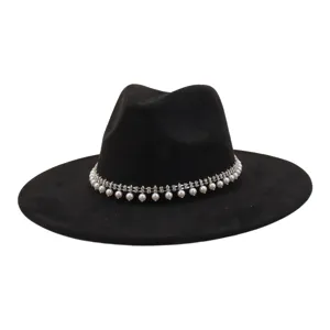 Unisex Faux Suede Fedora Hat Wide Brim Jazz Cap Vintage Trilby Hat with Rhinestone Pearl Band for Women Men