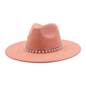 Pink suede fedora hat with pearl rhinestone band wide brim jazz cap for autumn winter