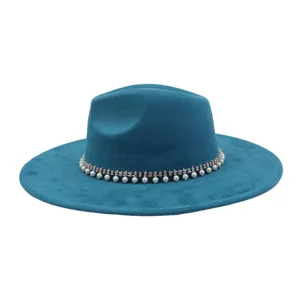 Teal suede fedora hat detail featuring sparkling rhinestone and pearl decorative band trim.