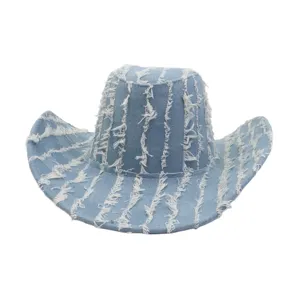 Blue denim cowboy hat with frayed vertical stripe details, vintage style summer sun protection.