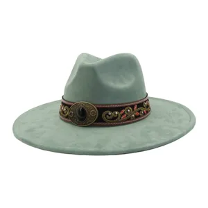 Sombrero Fedora De Ante Vintage Hombre Mujer Ala Ancha Jazz Gorra Bordado Etnico Heb