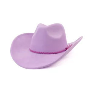 Suede cowboy hat with braided band and tassel, purple wide brim hat for men and women.