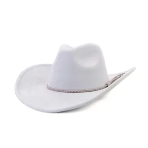 Detail view of a light grey suede cowboy hat, featuring a stylish braided hatband and wide brim.