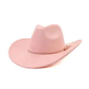 Pink suede cowboy hat detail, soft texture wide brim fedora, stylish western fashion accessory.