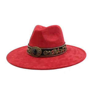 Sombrero Fedora Jazz de Ante Rojo Ala Plana Estilo Etnico de Lana Para Hombre Mujer