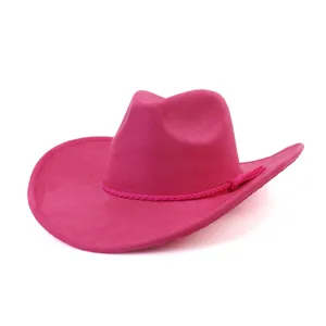 Pink suede western cowboy hat detail, stylish wide brim fedora for women and daily wear.