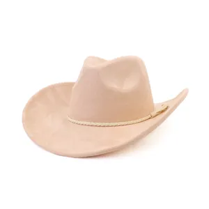 Close-up detail of the classic beige suede cowboy hat showing fine texture and braided band.