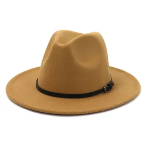 Detailed view of the wide brim felt fedora hat, featuring a stylish black belt accent.