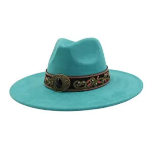 Elegante sombrero fedora turquesa de ala ancha con banda bordada étnica para uso diario.